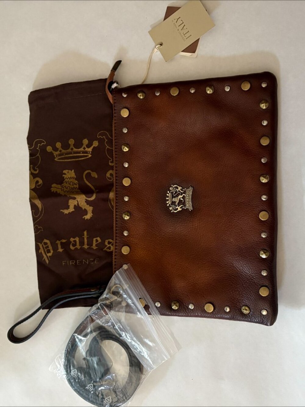 NWT Pralesi Firenze Cognac Burnished Brown Leather Clutch w/ Dust Bag Strap